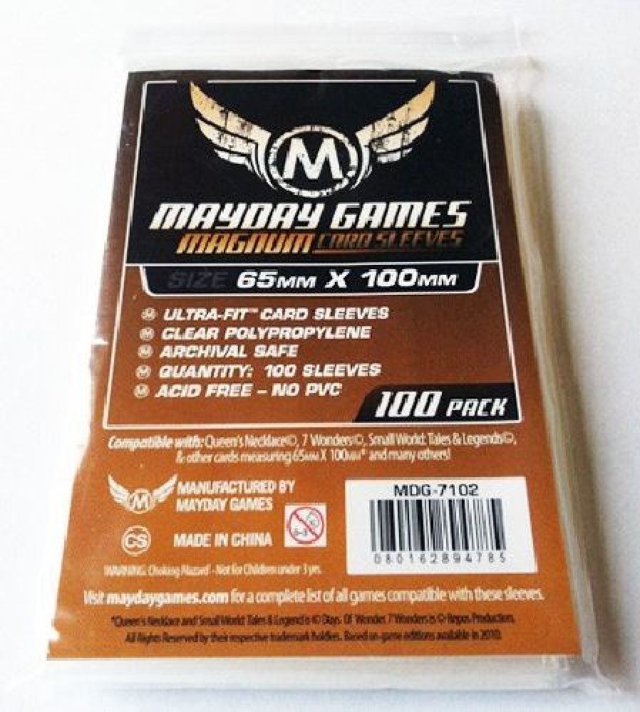 100 Mayday Games Standard Large Sized Card Sleeves #1: 65 MM X 100 MM Sleeves for 7 Wonders and more (MDG7102) 100 Mayday Games Standard Large Sized Card Sleeves #1: 65 MM X 100 MM Sleeves for 7 Wonders and more (MDG7102)